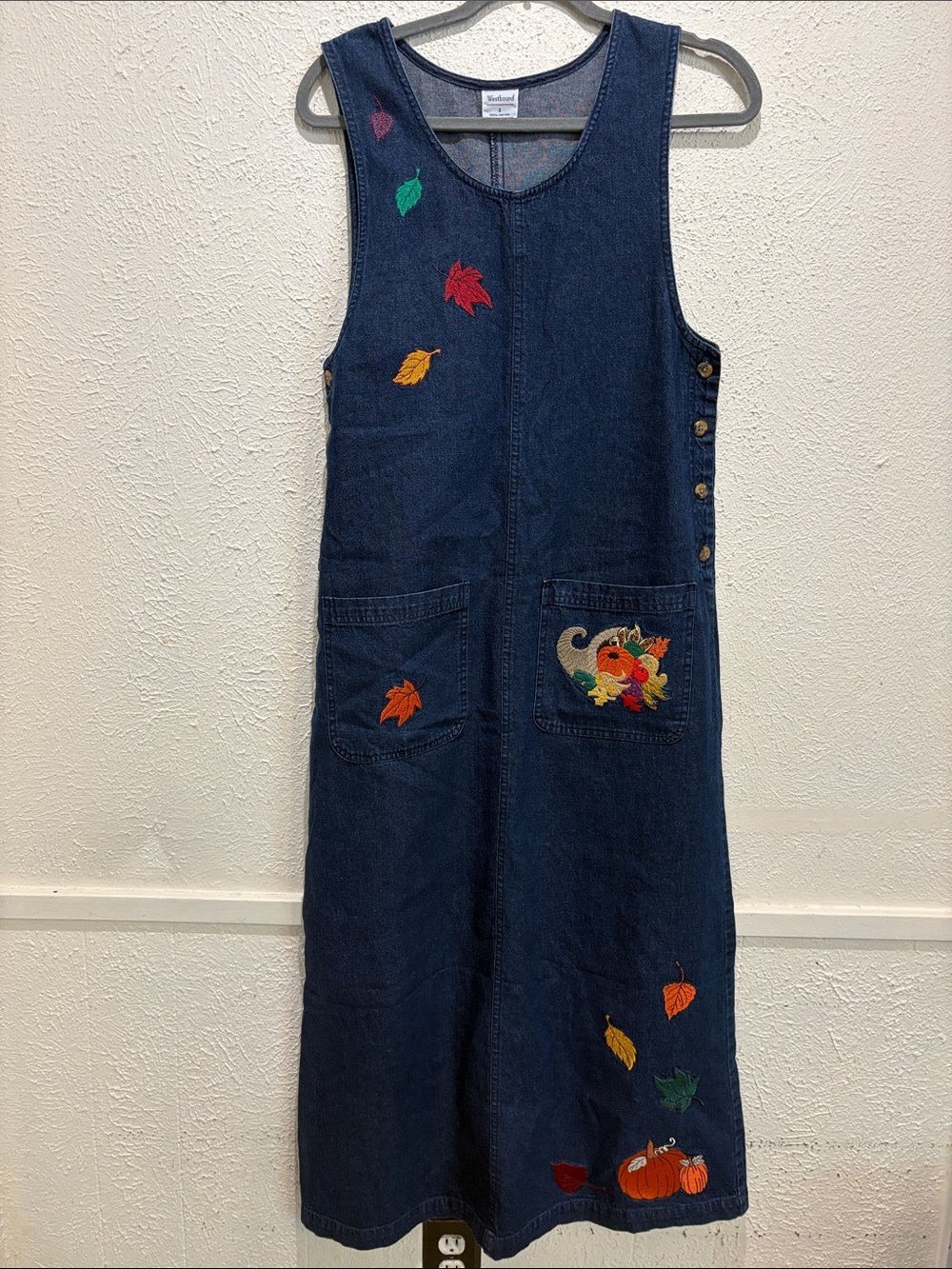 Westbound Navy Denim Jumper Dress with Fall Embroidery